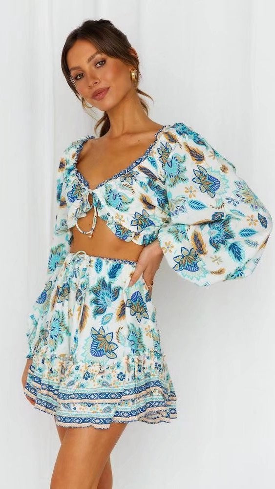 Boho Floral Crop Top and Skirt Sets