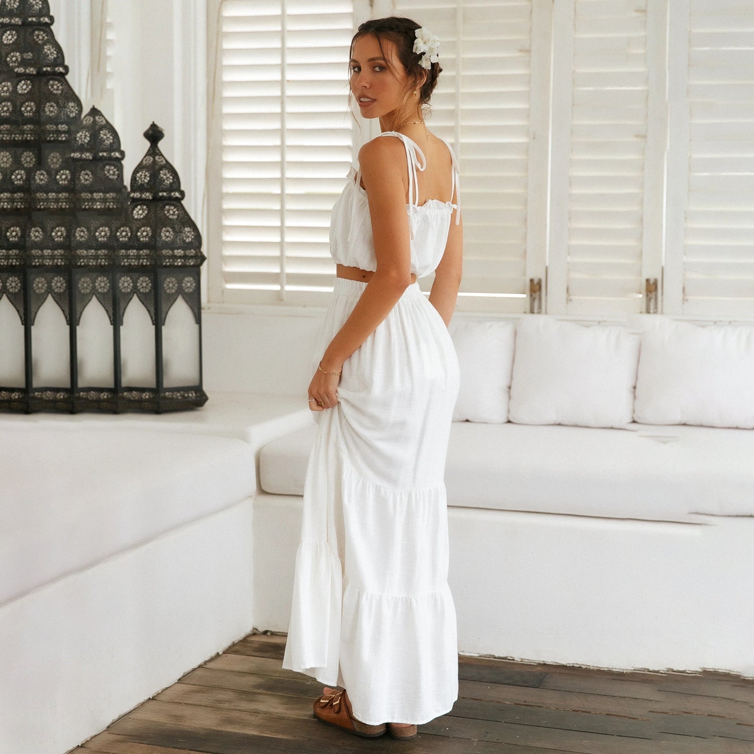 White Shoulder Tie Top and Skirt Sets