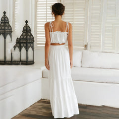 White Shoulder Tie Top and Skirt Sets