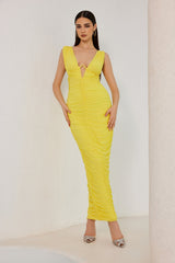 Soledad V Neckline Yellow Pleated Maxi Dress