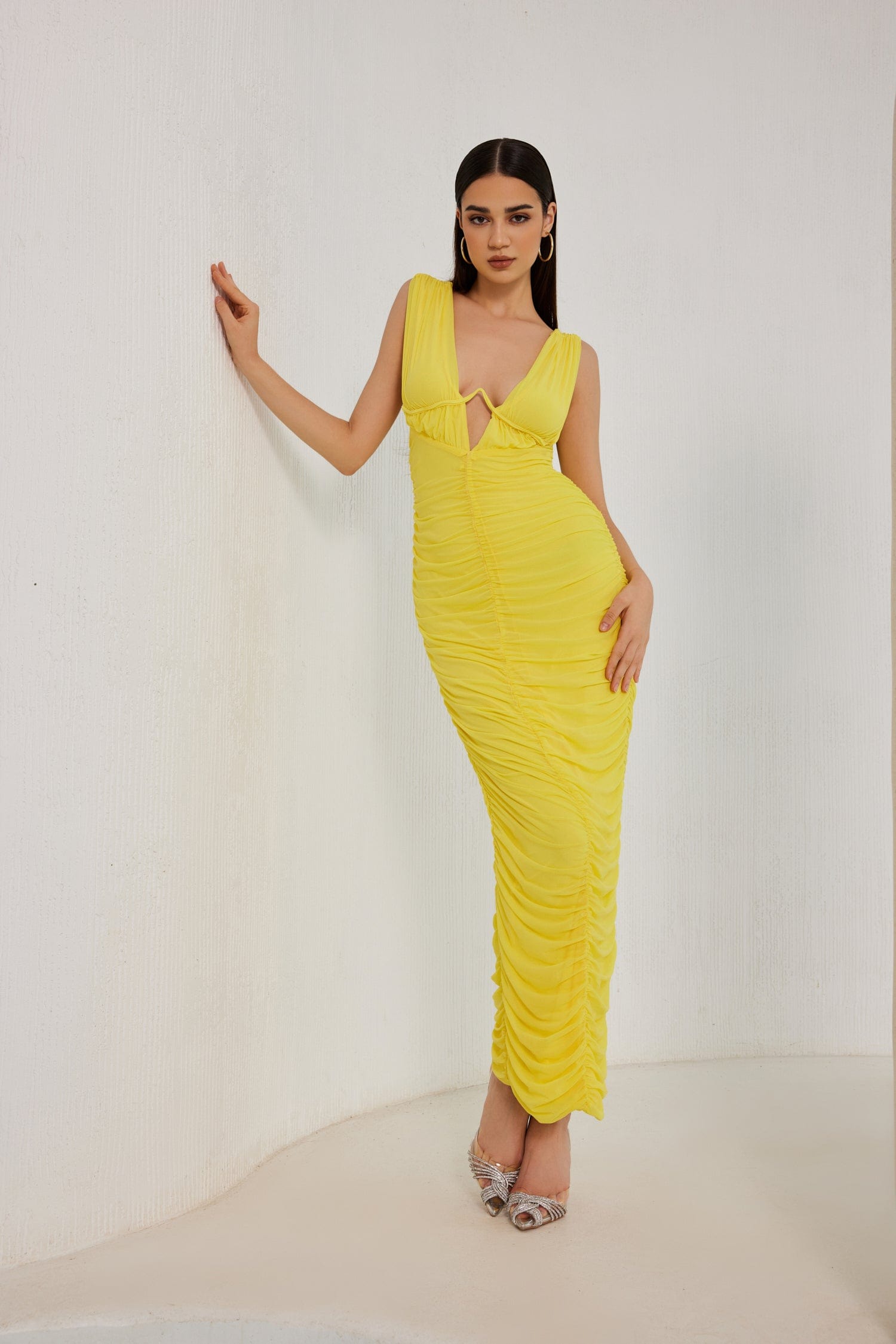 Soledad V Neckline Yellow Pleated Maxi Dress