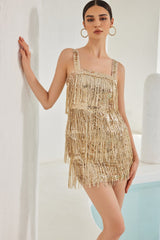 Thalassa Sequin-Embellished Fringe-Detail Mini Dress-Gold