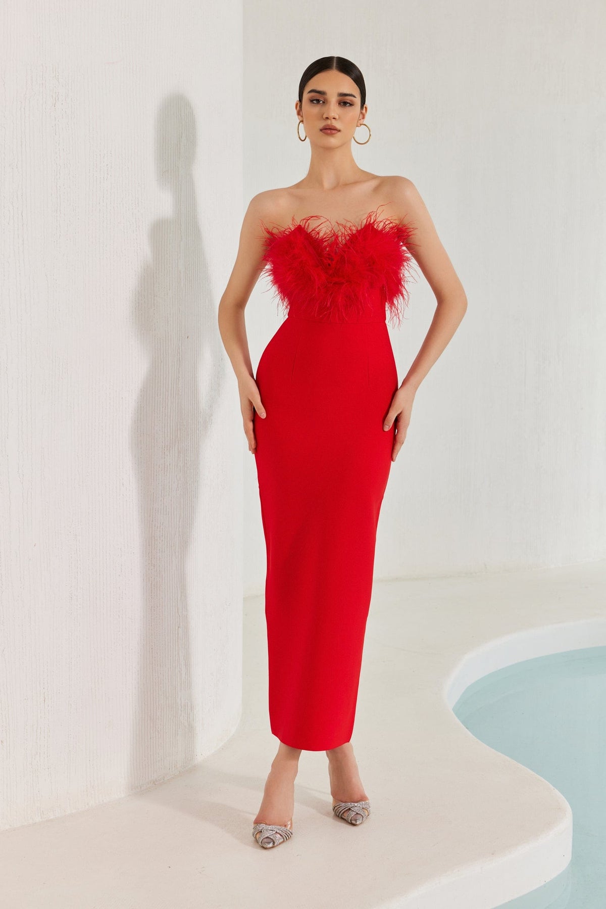 Diaz Feather Tassel Maxi Bandage Dress â€?Red