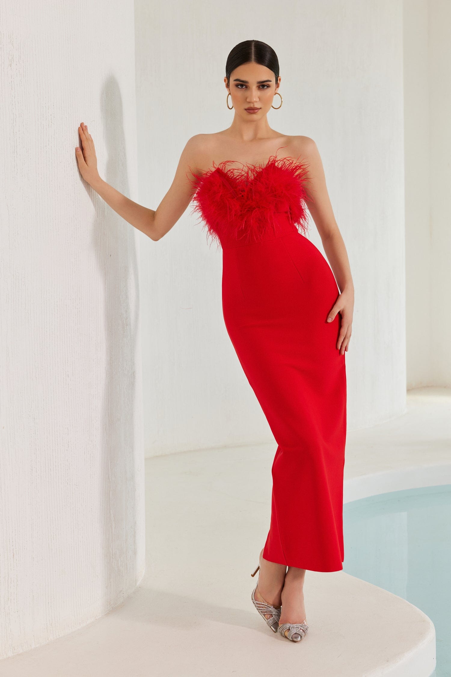 Diaz Feather Tassel Maxi Bandage Dress â€?Red