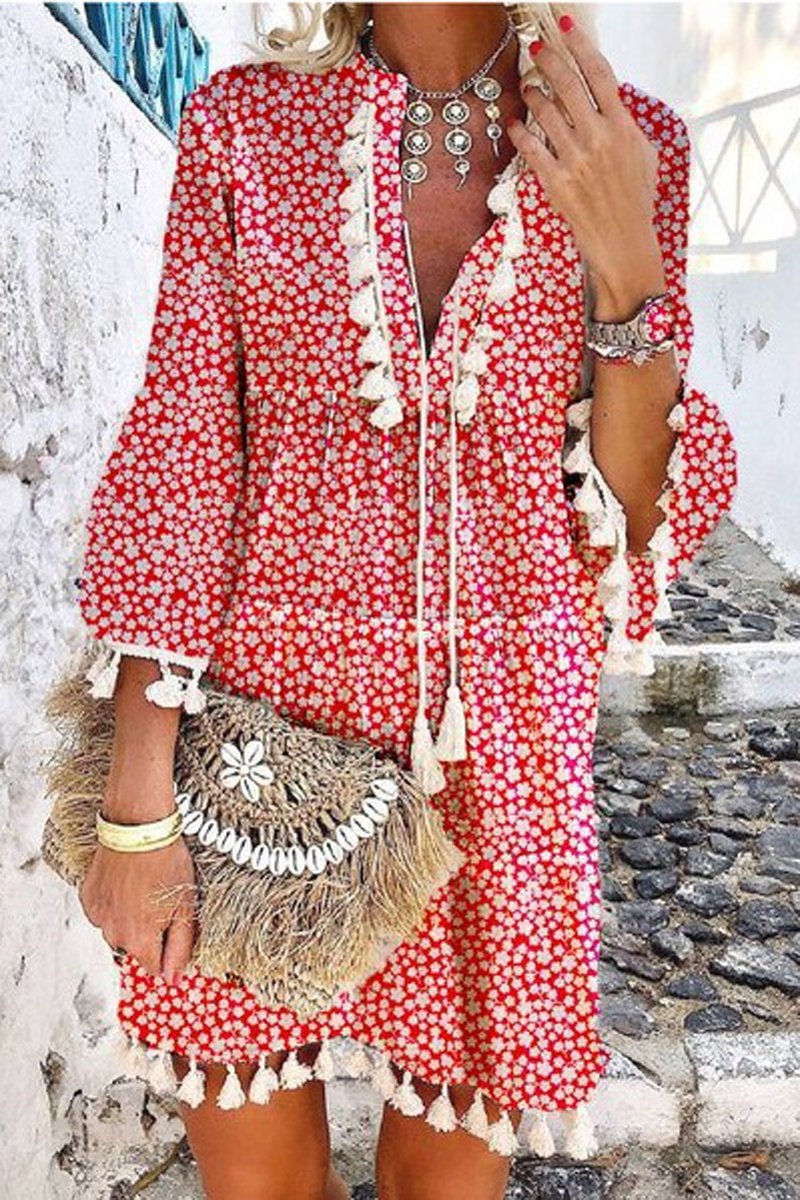 Bohemian V-Neck Tassel Dress