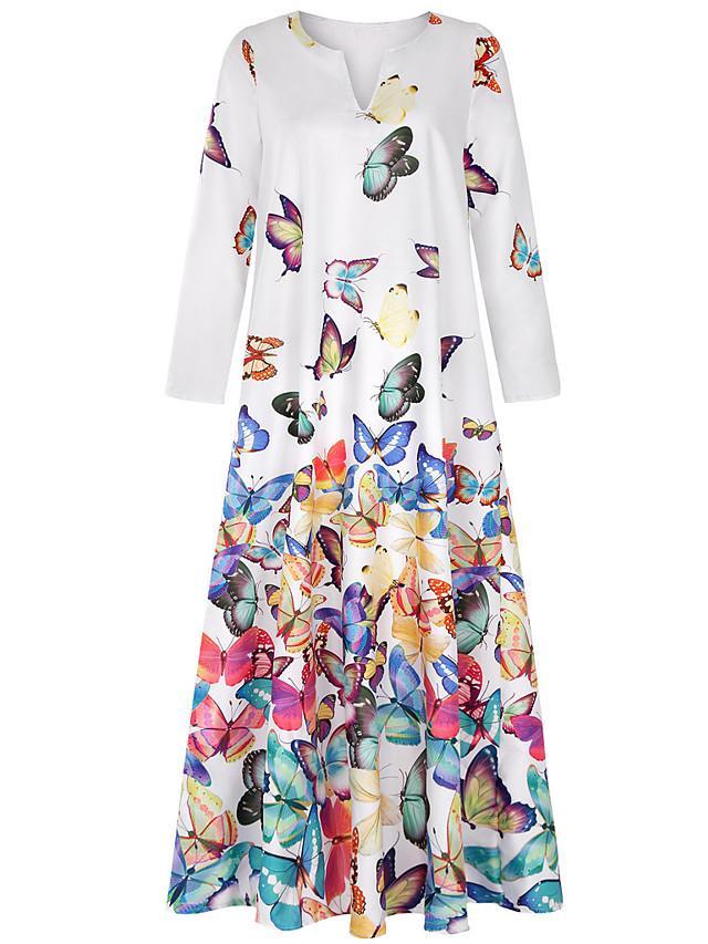 Women's Shift Dress Maxi long Dress - Long Sleeve Butterfly Spring Fall Hot Loose White Yellow Blushing Pink Light Blue S M L XL XXL 3XL 4XL 5XL