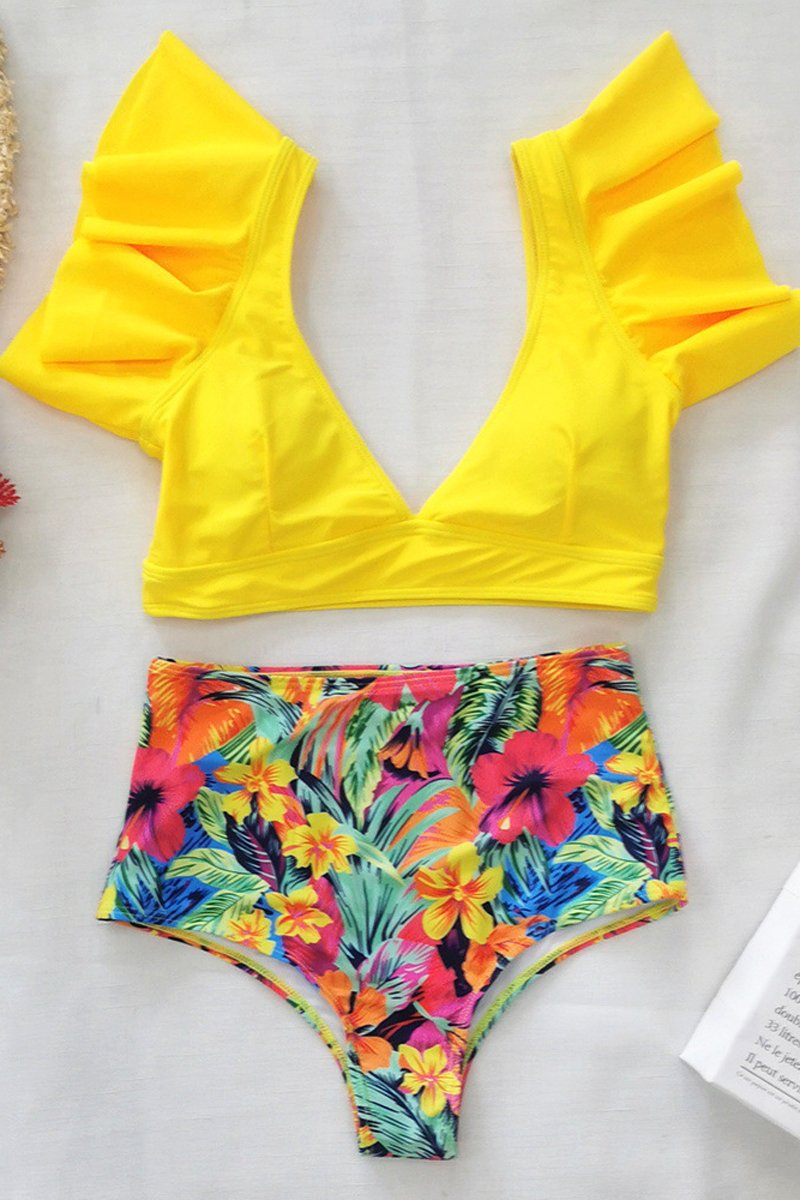 Ruffle Floral V-Neck Two Pieces Swimwear