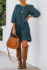 Puff Sleeve Back Slit Long Sleeve Dress