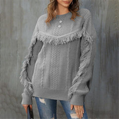 Round Neck Loose Tassel Twist Solid Color Sweater