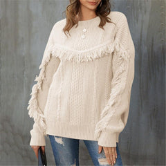 Round Neck Loose Tassel Twist Solid Color Sweater