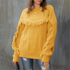 Round Neck Loose Tassel Twist Solid Color Sweater