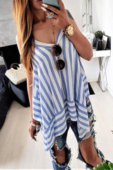 Chiffon Stripe Irregular Hem Sleeveless V-Neck Casual Shirt