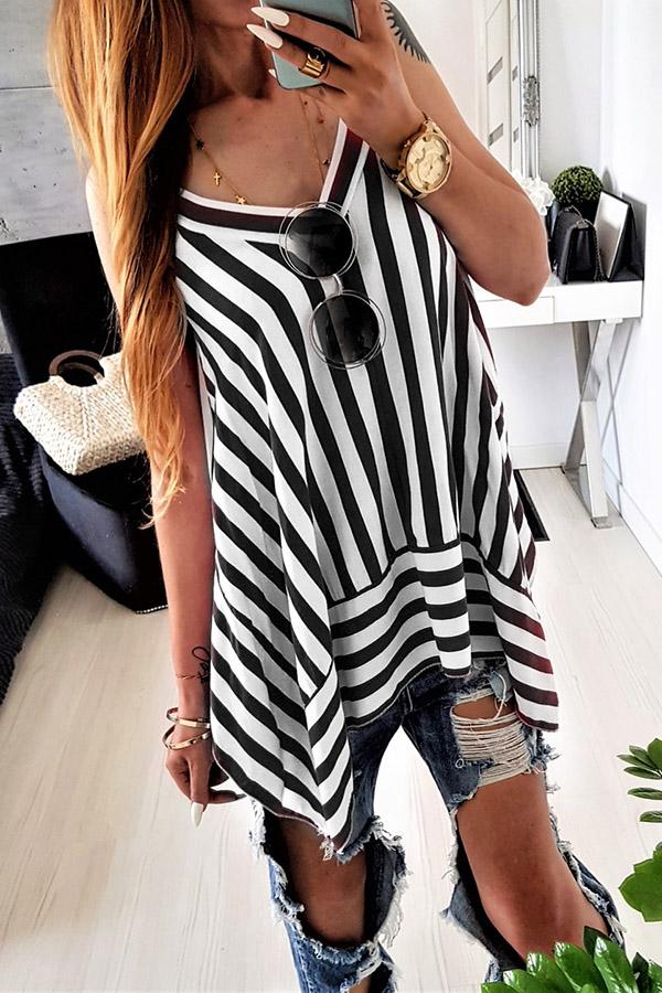 Chiffon Stripe Irregular Hem Sleeveless V-Neck Casual Shirt