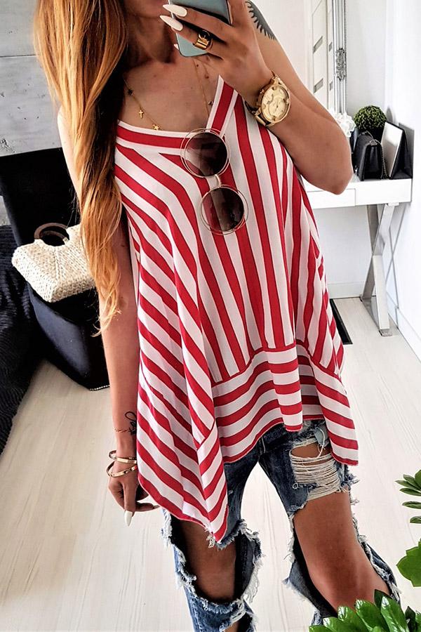 Chiffon Stripe Irregular Hem Sleeveless V-Neck Casual Shirt