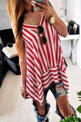 Chiffon Stripe Irregular Hem Sleeveless V-Neck Casual Shirt