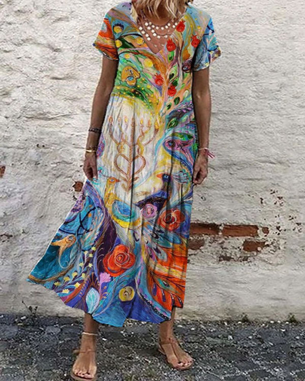 Casual Vintage Print Loose V-Neck Short Sleeve Maxi Dress