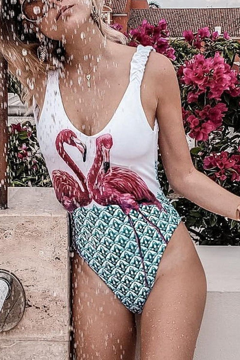 Ruffled Flamingo Print One Piece Swimwear