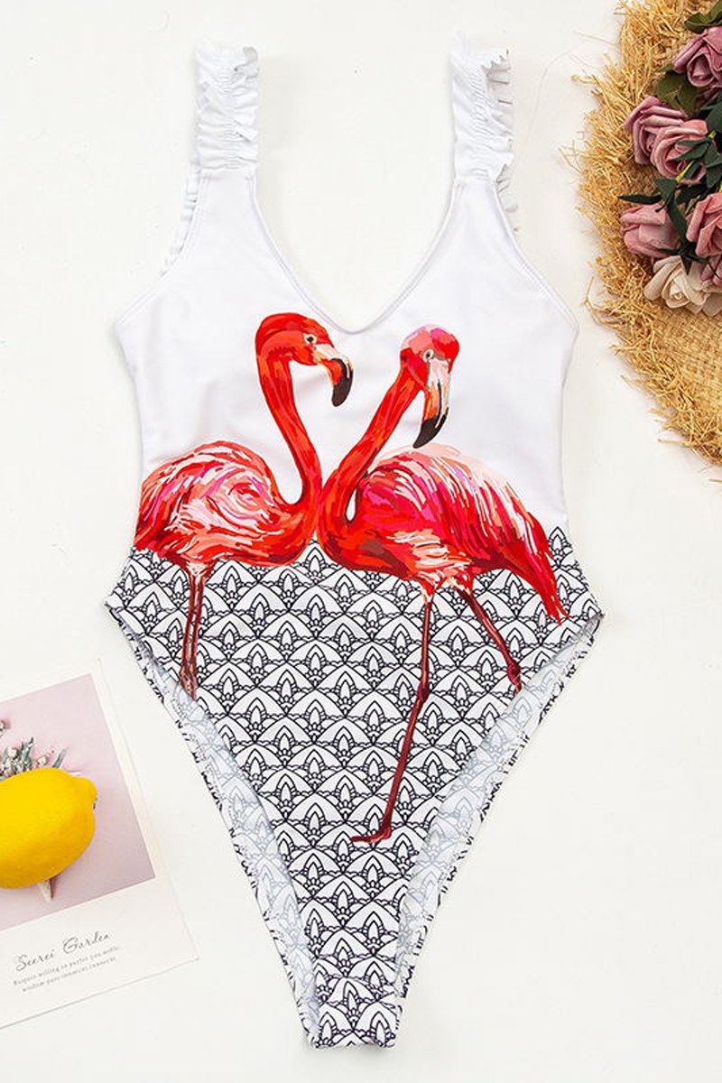 Ruffled Flamingo Print One Piece Swimwear