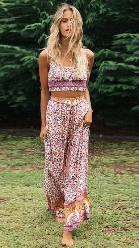 Purple Floral Crop Top and Pants Matching Sets