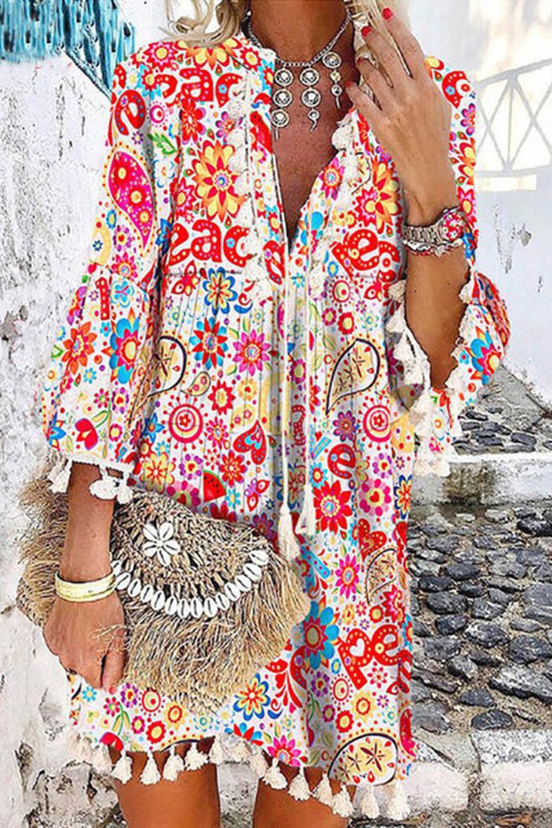 Bohemian Printed V-Neck Tassel Dress