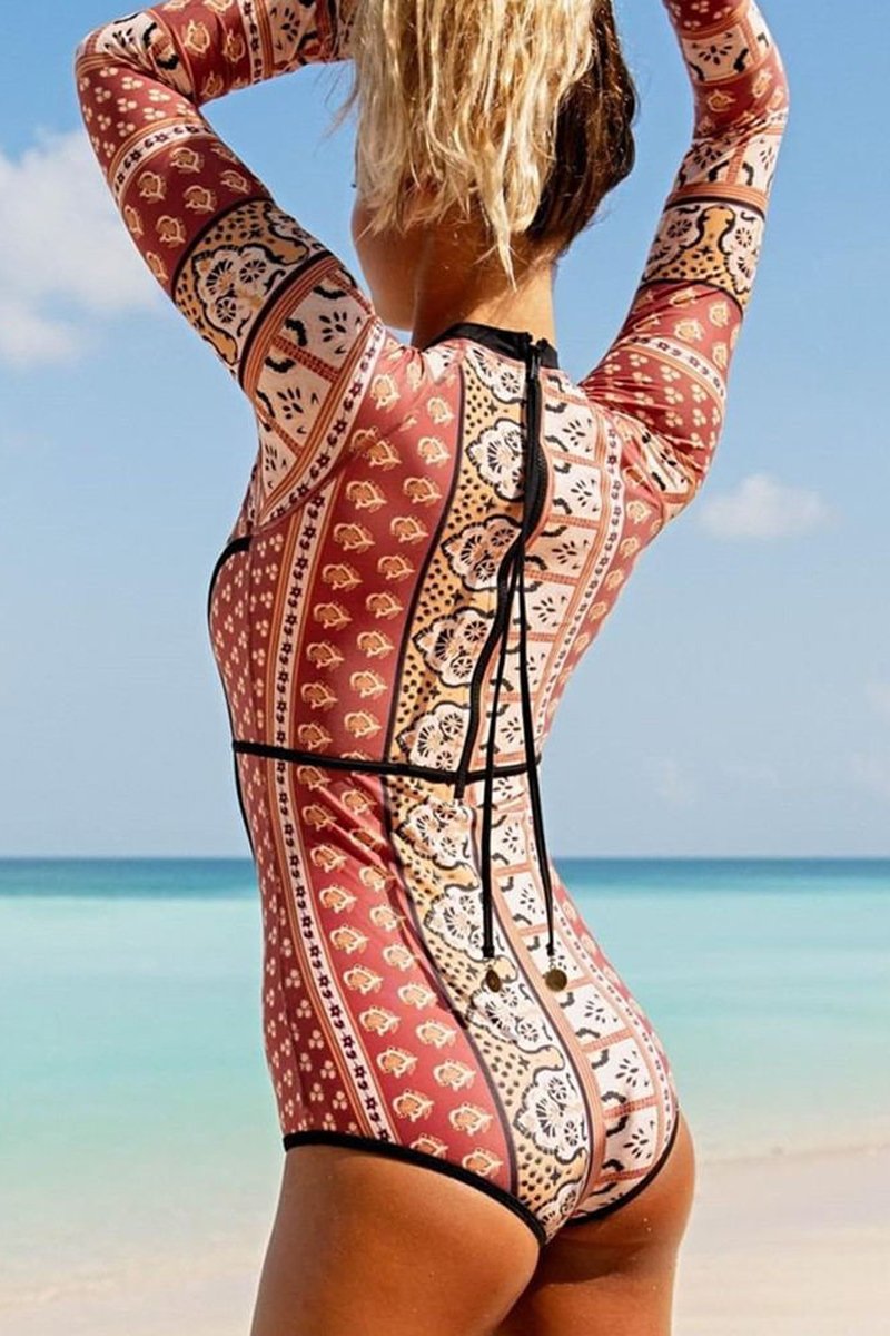 Zipper Lace-Up Long Sleeve One Piece Swimwear