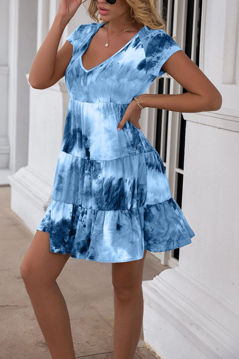 Tie-Dyed V-Neck Short Sleeve Dress