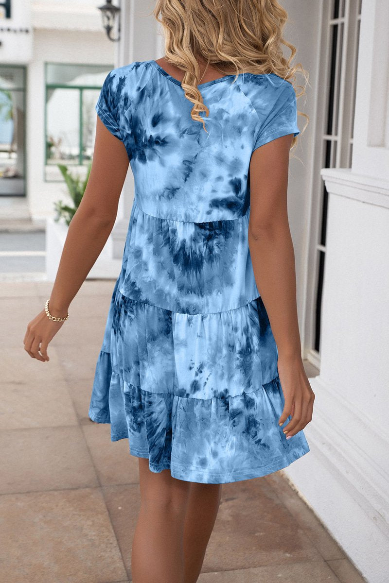 Tie-Dyed V-Neck Short Sleeve Dress