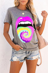 Tie-Dyed Lip Print Short Sleeve T-Shirt