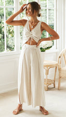 Beige Crop Top and Pants Matching Sets