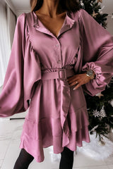 Satin Ruffles Lantern Sleeve Shirt Dress