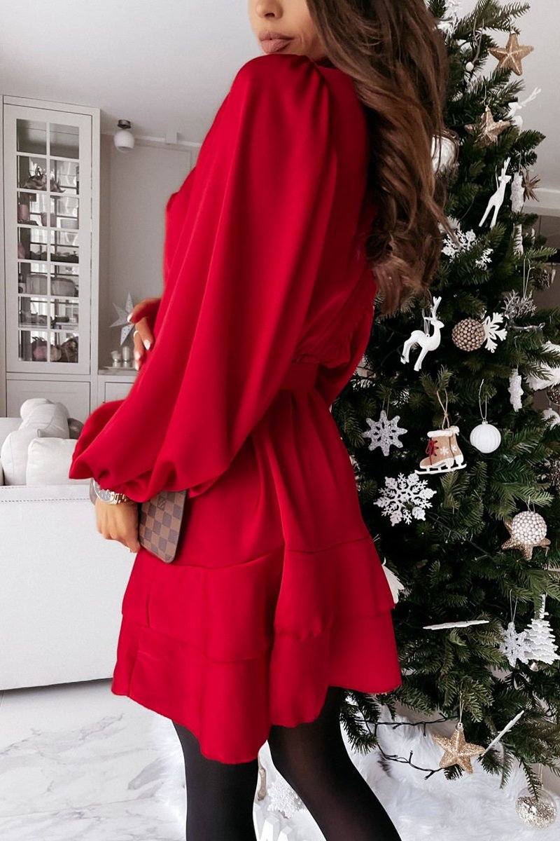 Satin Ruffles Lantern Sleeve Shirt Dress