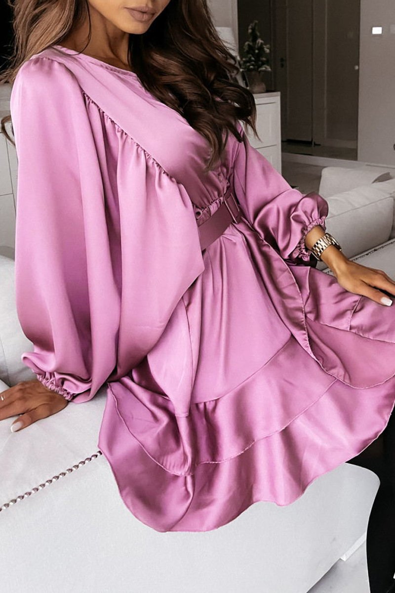 Satin Ruffles Lantern Sleeve Shirt Dress