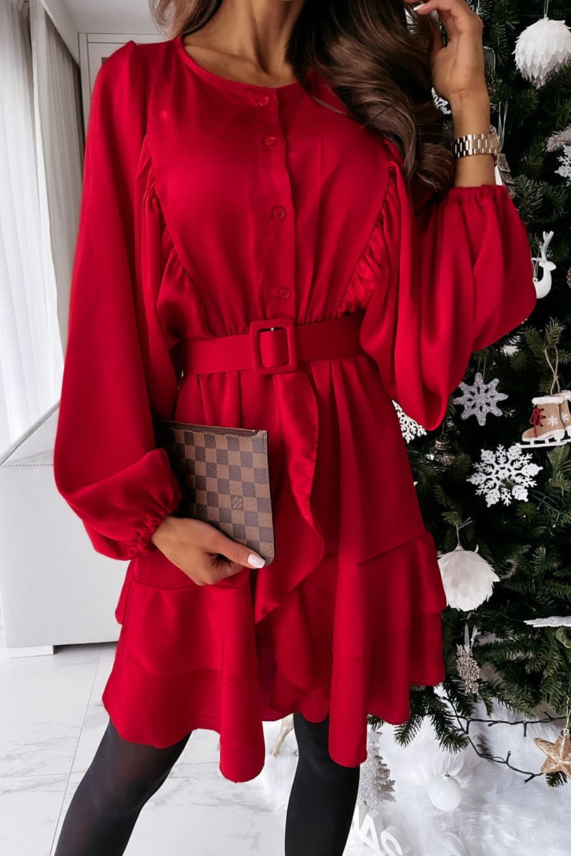 Satin Ruffles Lantern Sleeve Shirt Dress