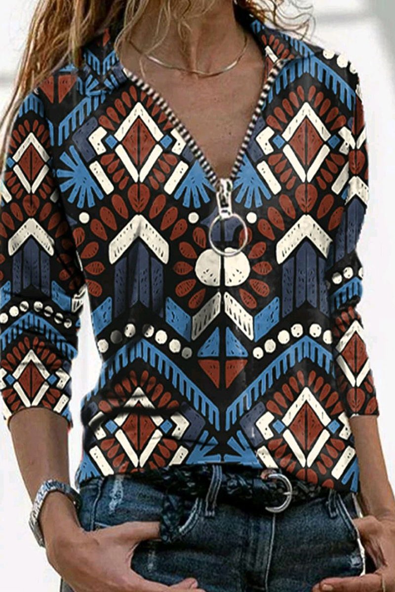 Zipper Vintage Casual  V-Neck Blouse
