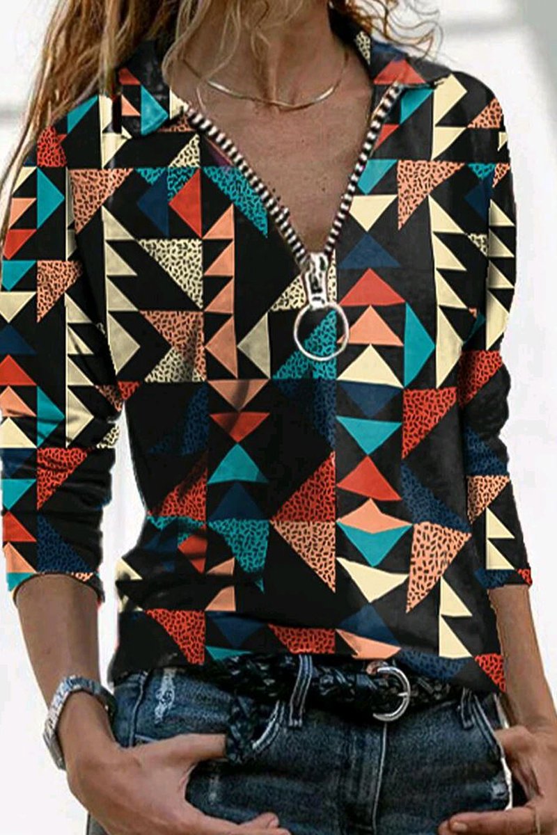 Zipper Vintage V-Neck Blouse