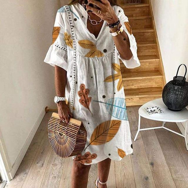 Women Sexy Hollow Out V-neck Mini Dress Floral Print Patchwork Dress Casual Beach Dress