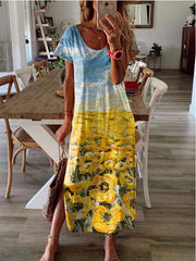 Casual Art Oil Painting Floral Round Neck Short Sleeve Hem Slit Long Dress