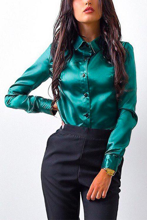 Button Down Work Office Satin Blouse Top