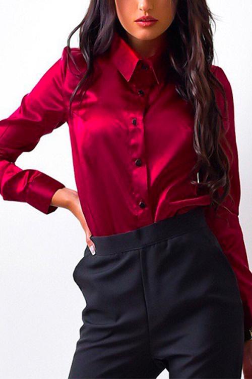 Button Down Work Office Satin Blouse Top