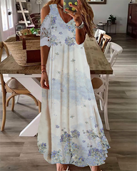 Casual V Neck Floral Print Long Dress