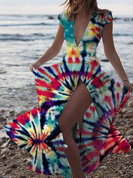 Printed V-Neck Split Beach Casual Dress