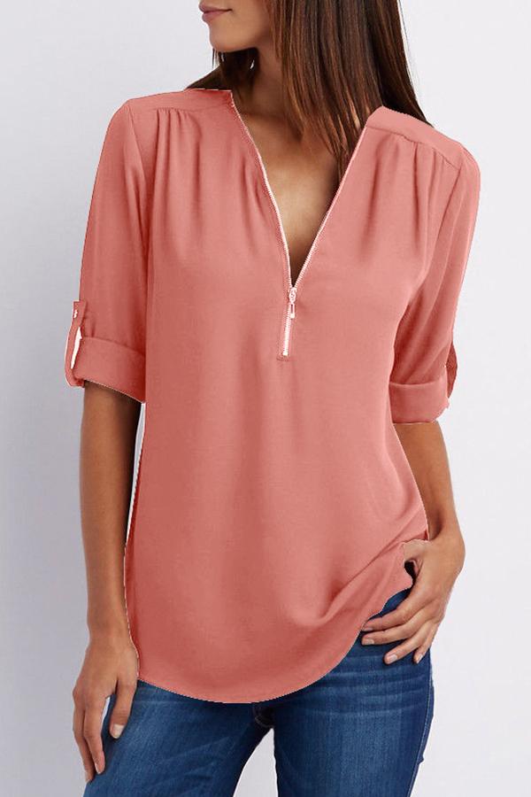 Zipper Plus Size Short Sleeve Solid Color Top