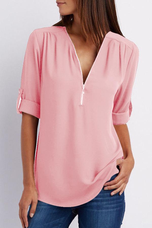 Zipper Plus Size Short Sleeve Solid Color Top