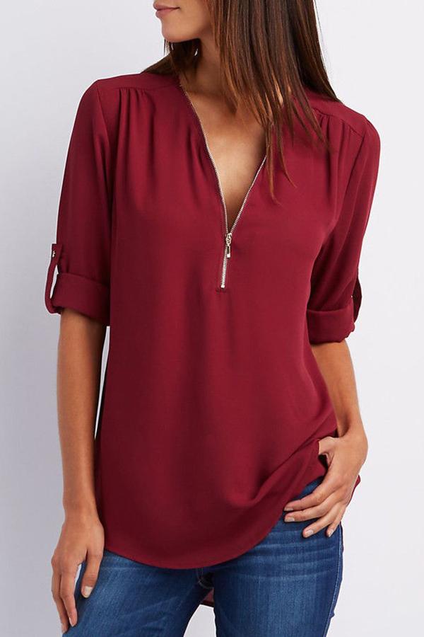 Zipper Plus Size Short Sleeve Solid Color Top