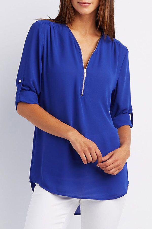 Zipper Plus Size Short Sleeve Solid Color Top