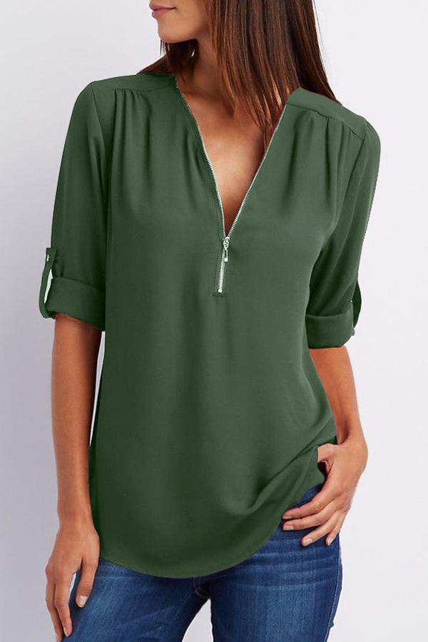 Zipper Plus Size Short Sleeve Solid Color Top