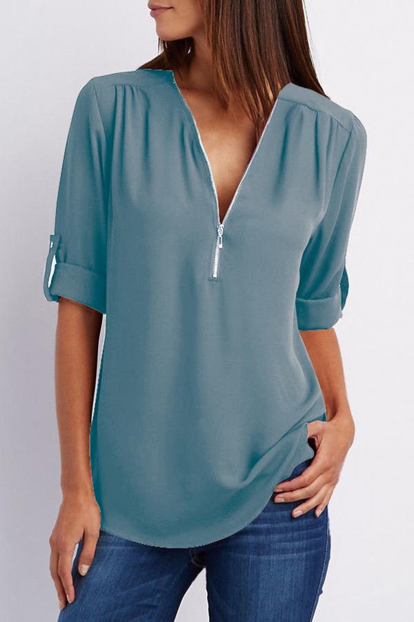 Zipper Plus Size Short Sleeve Solid Color Top