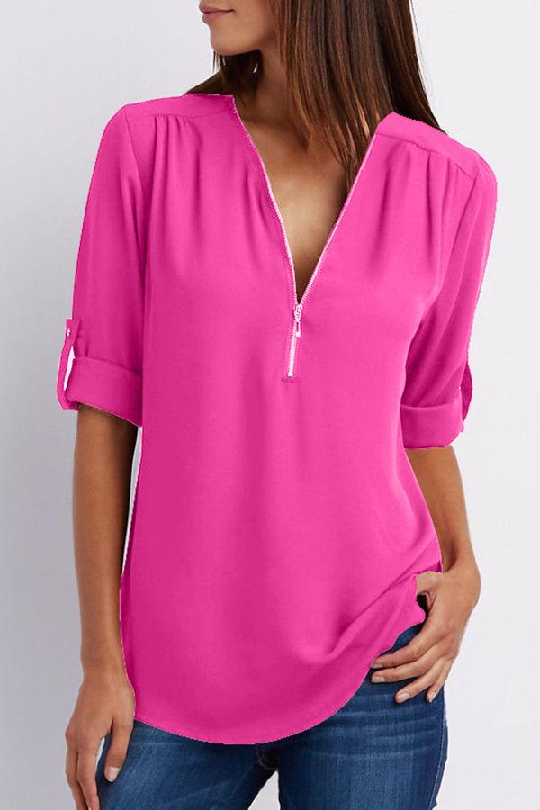 Zipper Plus Size Short Sleeve Solid Color Top