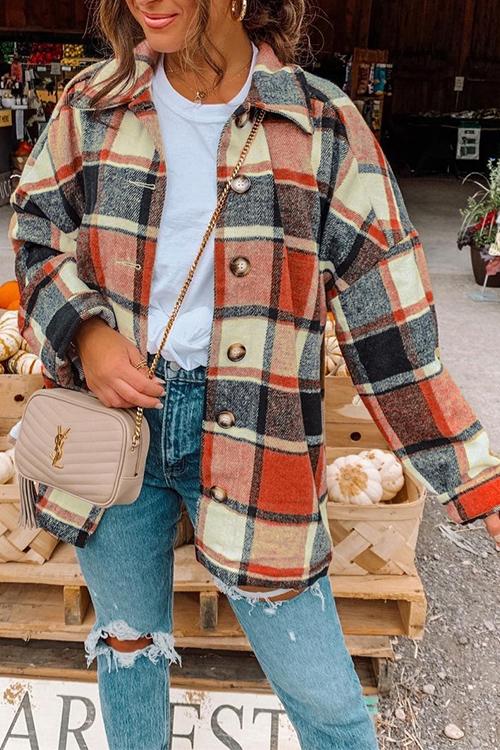 Classic Lapel Button Down Plaid Outwear