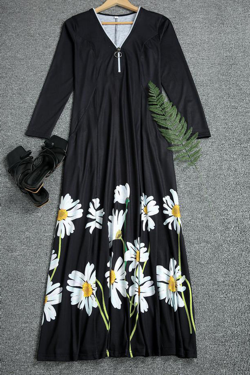 Zipper Floral Print Long Sleeve Dress